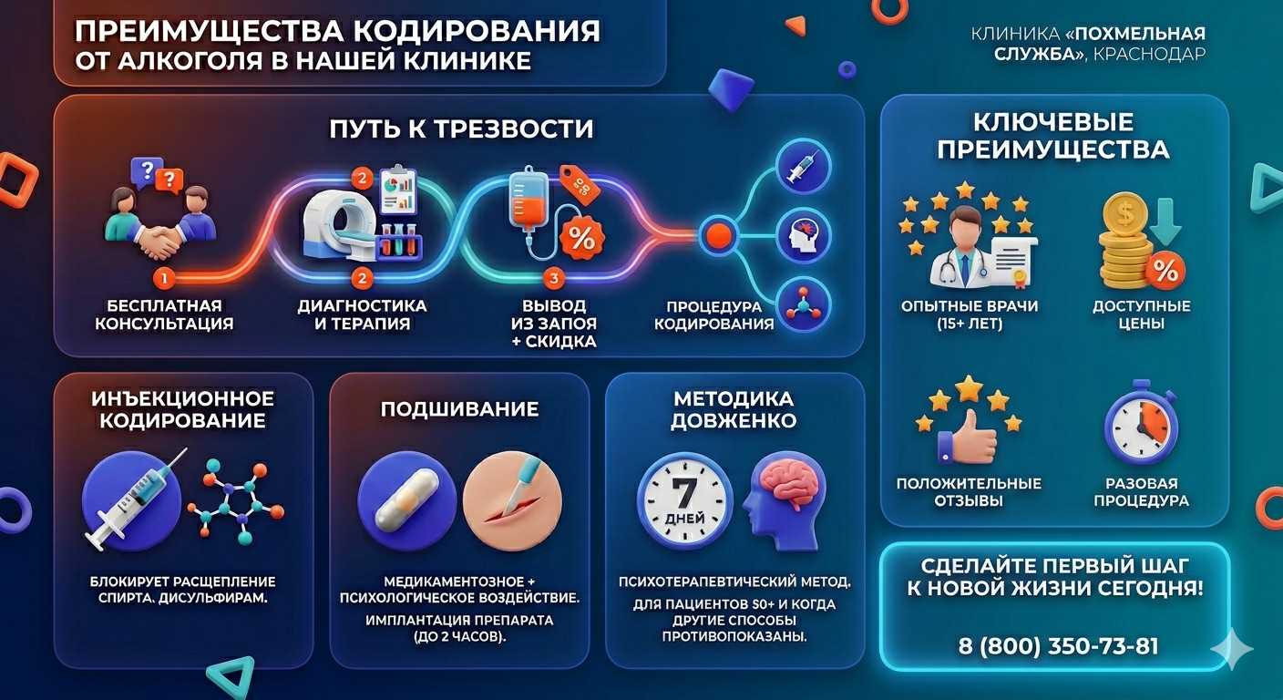 Инфографика о методах кодирования от алкоголя в Старой Купавне: инъекции, подшивание, метод Довженко. Преимущества клиники и этапы лечения.
