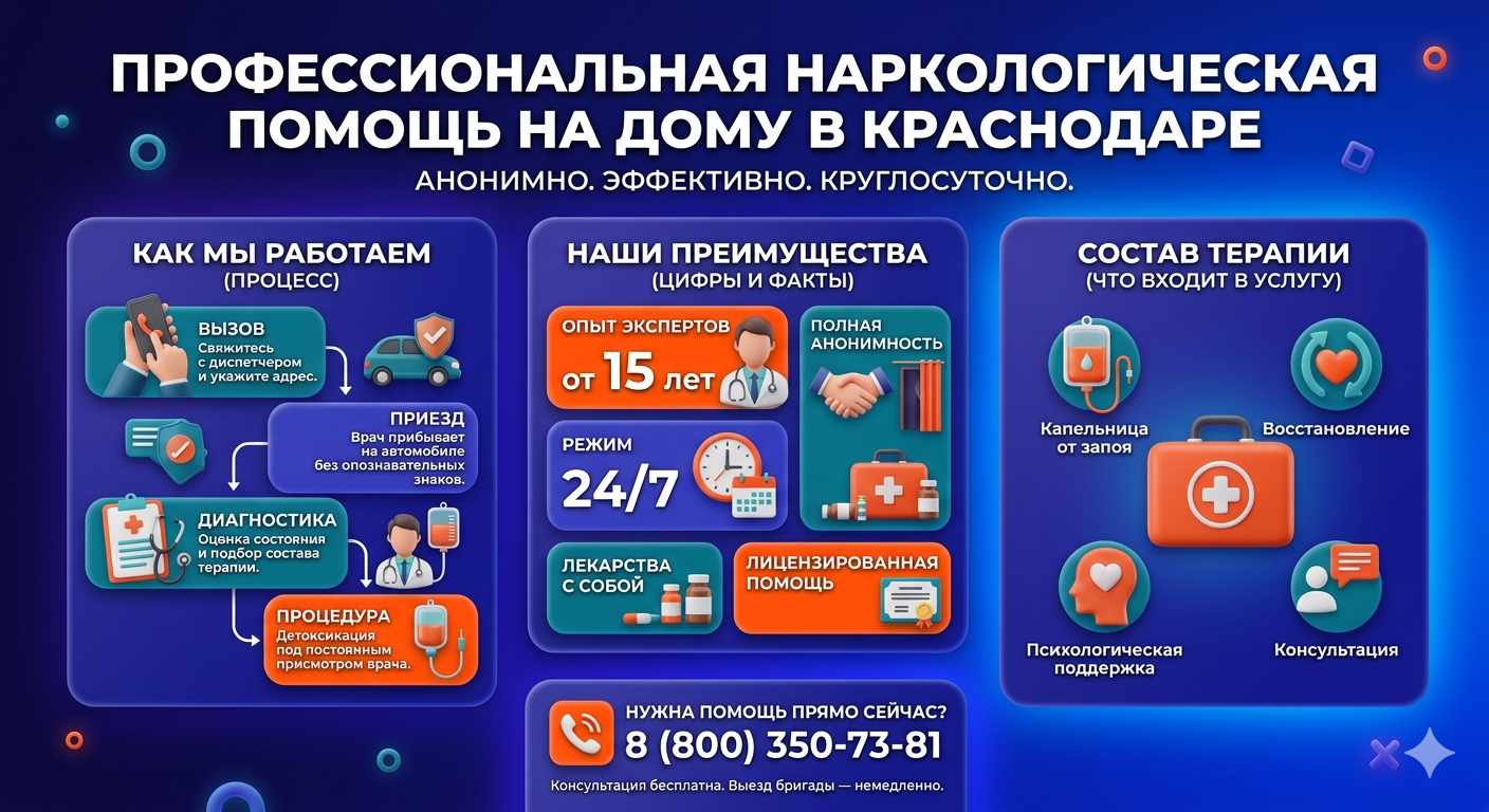 Инфографика о принципах лечения алкоголизма на дому в Старой Купавне: этапы вызова нарколога, преимущества анонимной детоксикации и состав медицинской помощи.